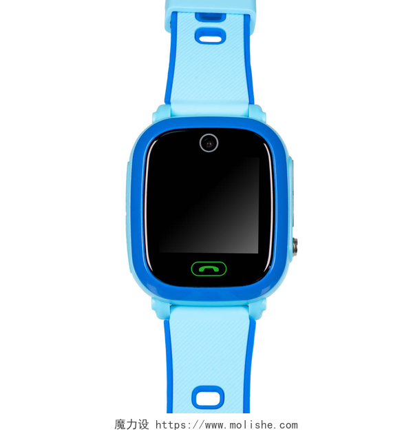 白色背景中蓝色的儿童手表蓝衣儿童智能手表，有扁平的黑色屏风作题词